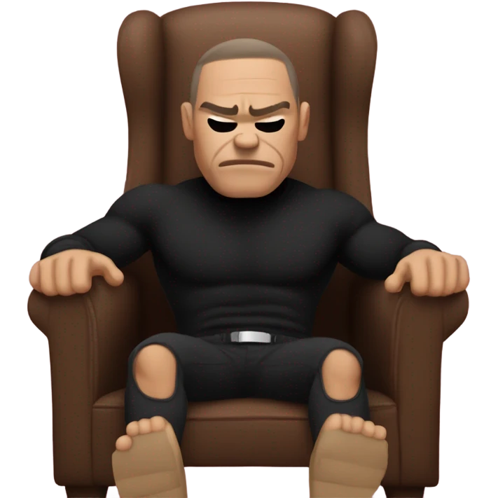 muscle man in black turtleneck shirt and black pants sitting in chair with head down emoji