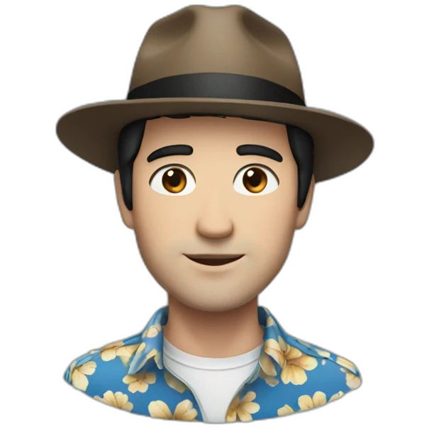 White Man with black hair, strip blue flowered shirt, brown hat emoji
