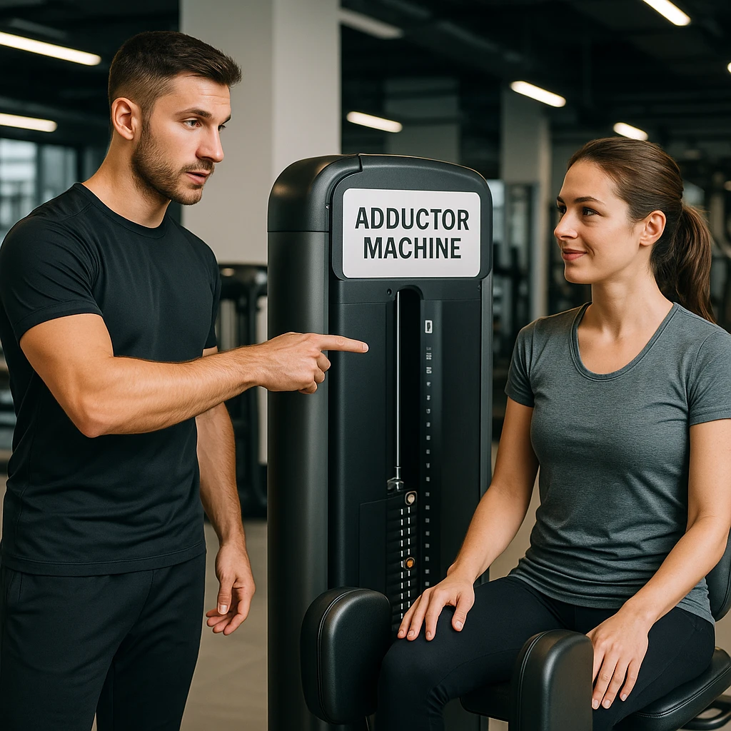 realistic side view of a personal trainer in sportswear pointing to the adductor machine to a client, Italian sign 'Adductor machine' clearly visible, explanatory atmosphere, detailed, modern gym background, 4K quality emoji
