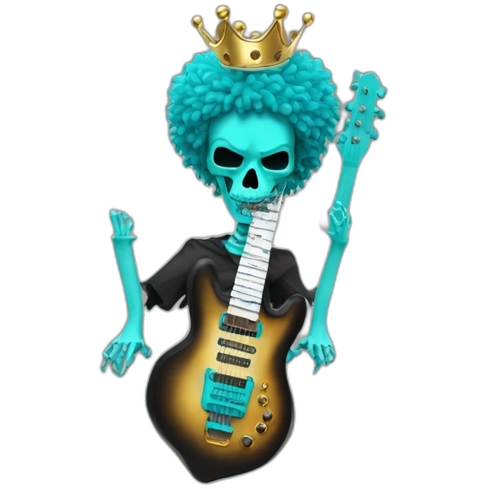 Soolking brook ;black affro cut ;turquoise electric guitar;golden crown ;skeletal face emoji