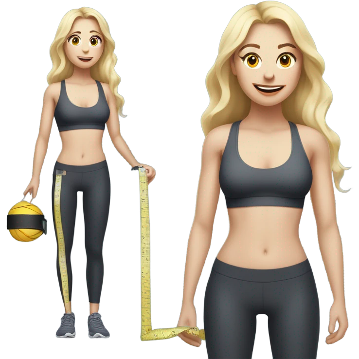 Woman, white skin, pale skin, long hair, blonde hair, wavy hair, standing, sports bra, leggings, tape measure around waste emoji