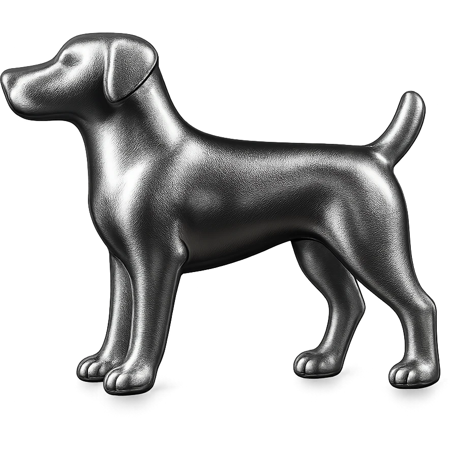               Apply a high-end, photorealistic metallic chrome material to the provided {subject}. The material should have a smooth, slightly curved surface with subtle reflections and soft shadows, resembling brushed or polished silver metal. Preserve the exact shape, proportions, and design of the original object. Set it against a solid black background (#000000) in 8K resolution. The lighting should enhance the beveled edges and reflective highlights, creating a sleek, premium finish. {subject} = dog pointing left emoji