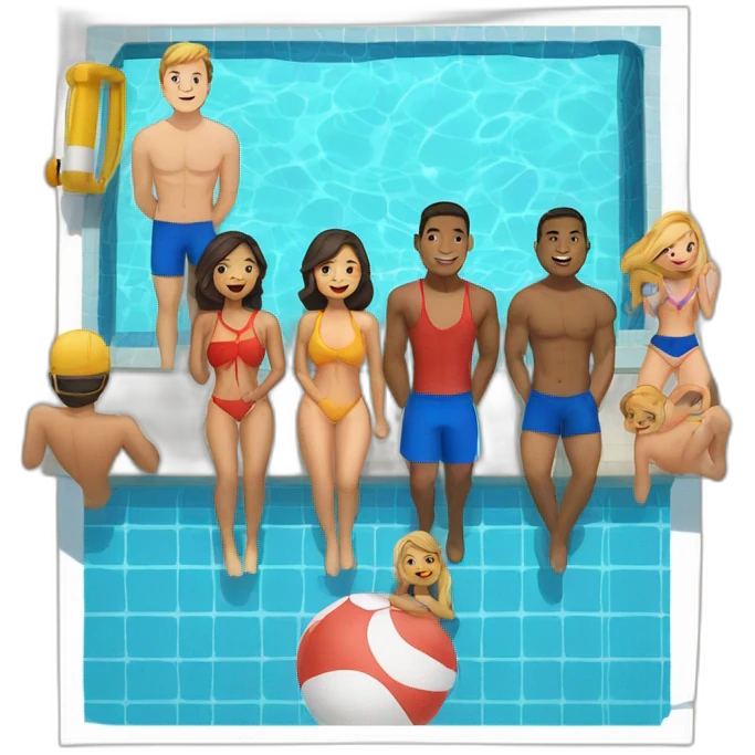 6 coed lifeguards at a swimming pool, ethnically diverse, 3 guys, 3 girls emoji
