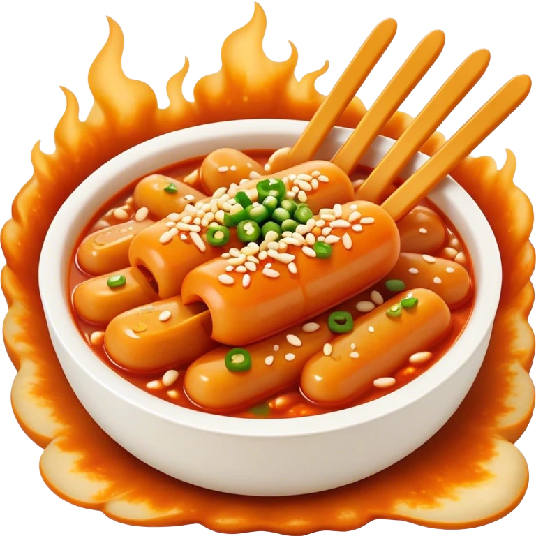 Cinematic Realistic Tteokbokki Dish Emoji, showcasing spicy, chewy rice cakes in a fiery sauce rendered with lifelike detail and bold, dynamic lighting. emoji