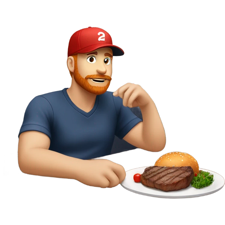 White guy with small red beard and baseball hat eating steak at table alone  emoji