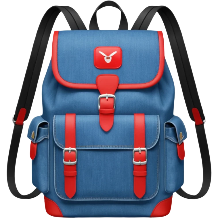 a blue denim backpack with a flap top, two vertical black buckle straps on the front. The backpack has two side pockets and a soft square shape. at front view bottom pocket, red and white two divided logo 

 emoji