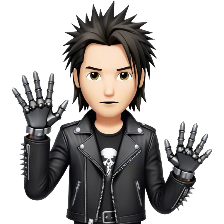 Rocker boy Jonny Silverhand from a game Cyberpunk 2077, modeled after Keanu Reaves, one hand is robotic emoji