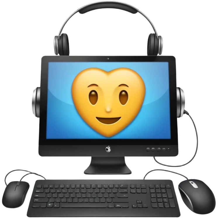windows desktop pc with keyboard, monitor, mouse, and headphones, apple style emoji emoji