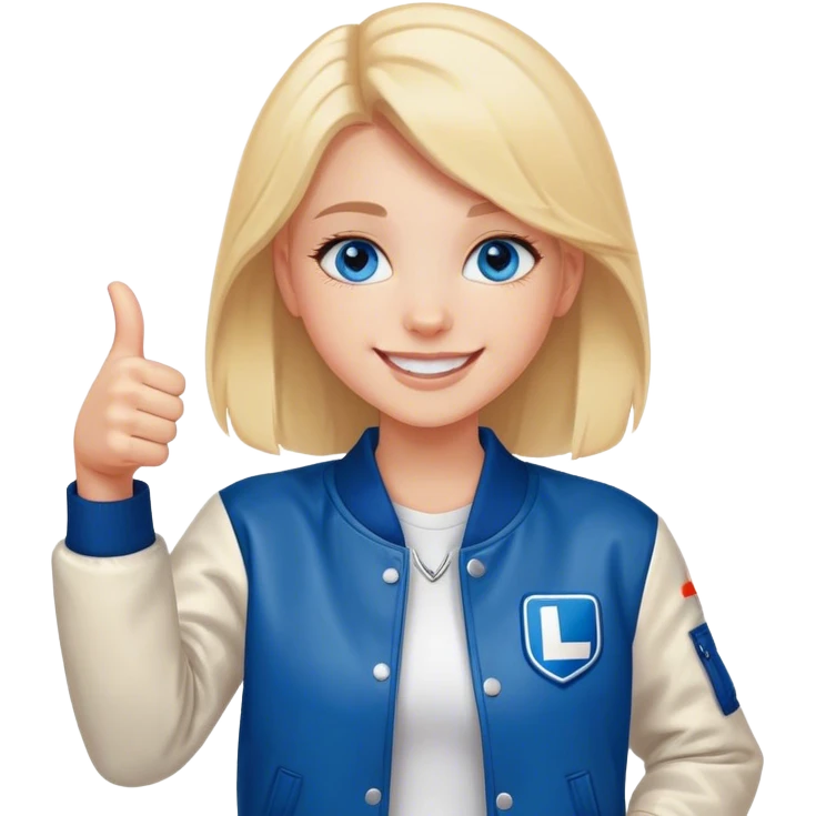 smiling girl in letterman jacket Blue eyes thumbs up  emoji