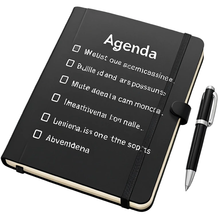 A professional-looking black Moleskine notebook opened flat showing a page with 'AGENDA' written at the top and a neat list of bullet points for meeting items emoji