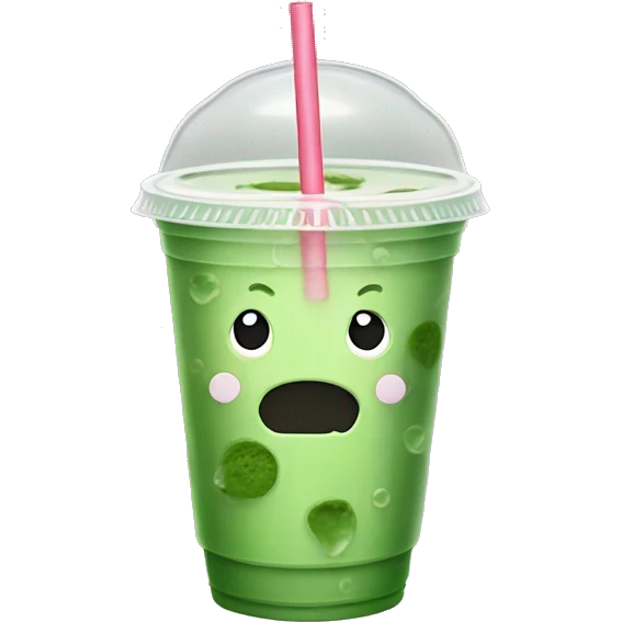 iced matcha in takeaway plastic cup with flat lid and straw no NO FACE emoji