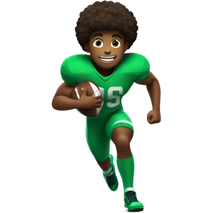 Muscular Afro teenage boy  in green footage uniform running fast with a football in his hand. emoji