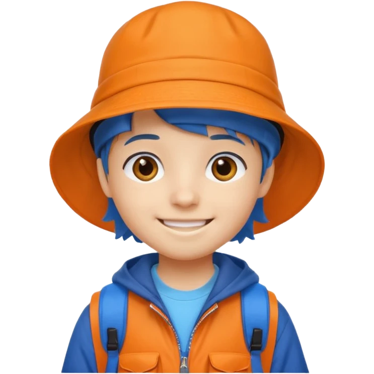 A little student with bucket hat, orange jacket, blue backpack emoji