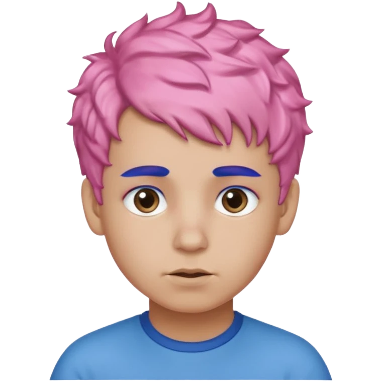 boy with short, curly pink hair, matching blue eyebrows, light brown skin, and a neutral facial expression. emoji