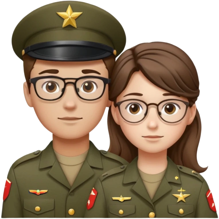 A teen boy with wavy brown hair covering his forehead head with glasses and wearing an army uniform holding hands with a girl with brown hair in a slick back ponytail and freckles with hazel eyes and nice eyelashes also in a army uniform  emoji