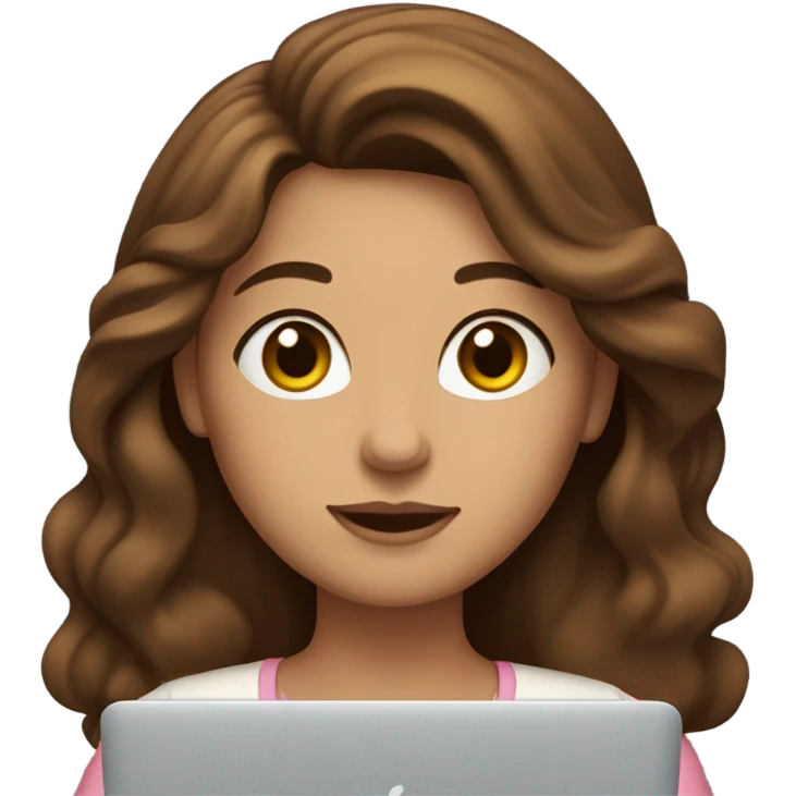 a woman with brown long wavy hair and brown eyes and white skin with macbook emoji