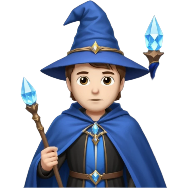 A white-skinned man with brown hair stands in sharp black clothing. He wears a pointed wizard hat and cape, holding a wooden staff crowned with a glowing blue crystal. His calm expression and steady posture suggest quiet mastery and a blend of magic, mystery, and modern elegance. emoji