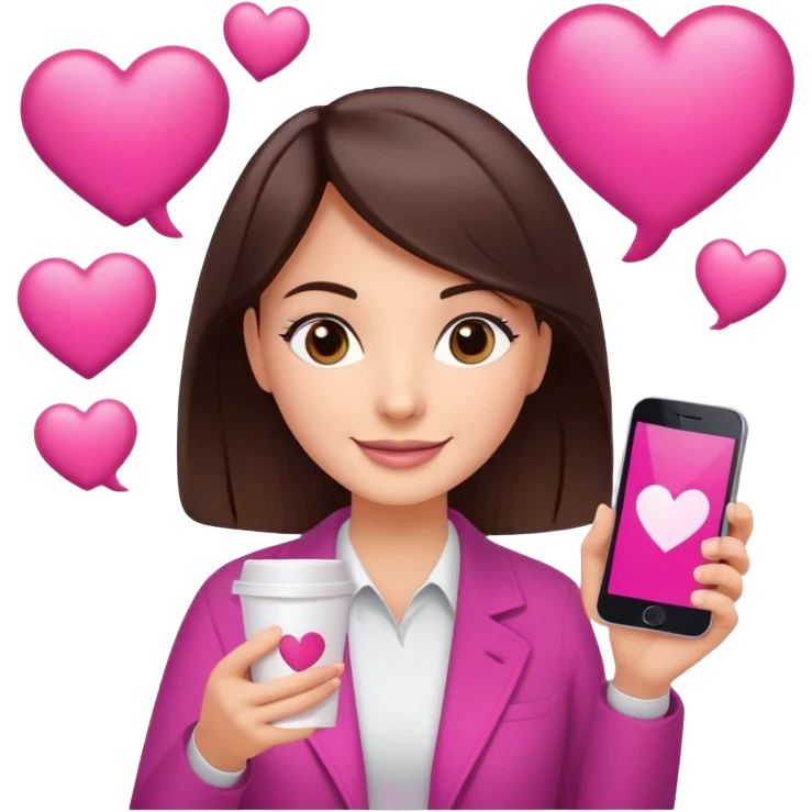 Social media manager. She has dark brown hair, brown eyes, a friendly smile. She is holding a smartphone and a coffee cup. Include subtle marketing elements like small icons of hashtags or a speech bubble with a heart, instagram logo. Use vibrant colors with a focus on pink and fuchsia tones. emoji
