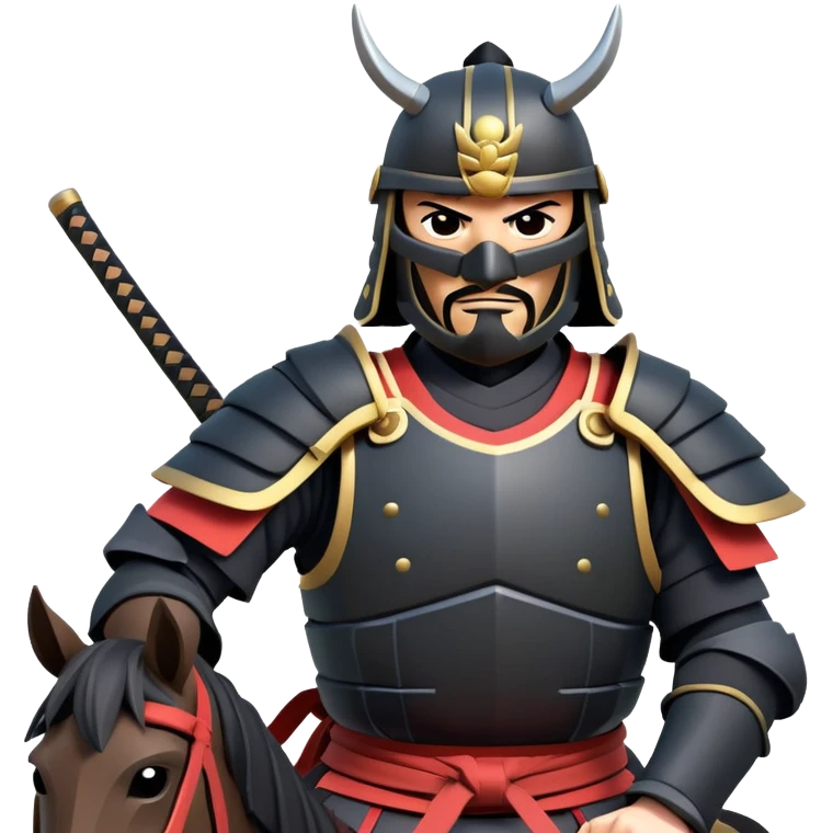 clash-of-clans-aesthetic_-cinematic-fearsome-and-majestic-samurai-bust-portrait-emoji, rendered in a flat, vector-style with minimal shading and bold, simplified shapes typical of emoji art, depicting a battle-hardened samurai with black mask and traditional black Japanese armor. The samurai is riding a noble grey warhorse adorned with an intricately designed saddle and fluttering banners and a rising sun. a samurai on a   horse emoji