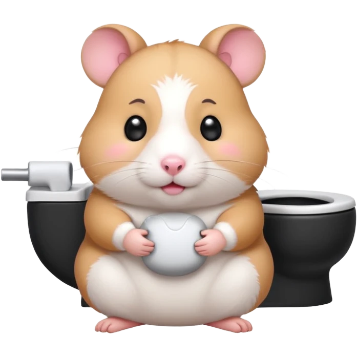 Cute chubby cartoon-style hamster sitting on toilet, sticker-style illustration emoji