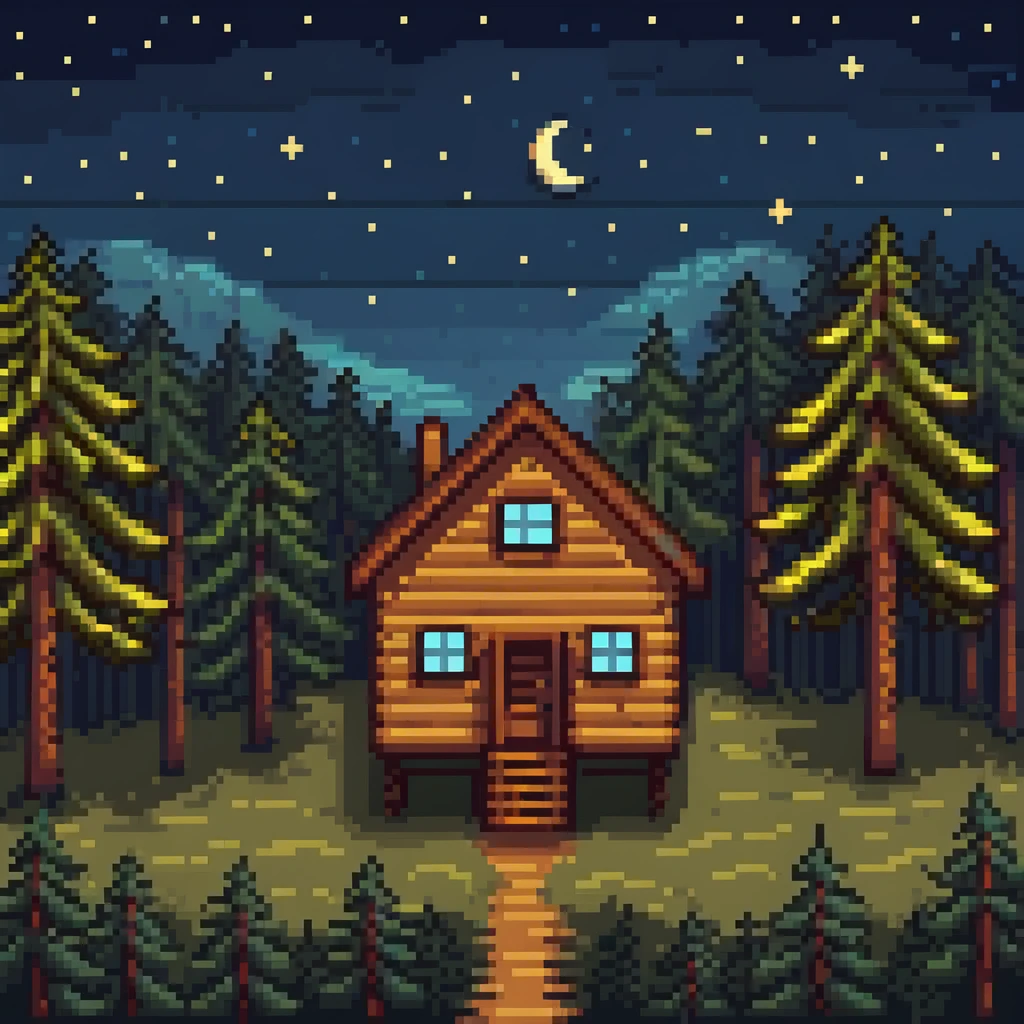 wooden house in a pine forest at night with stars in the sky emoji