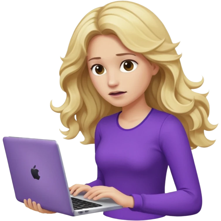 lady with long blonde wavy hair, purple top throwing her with a laptop looking defeated emoji