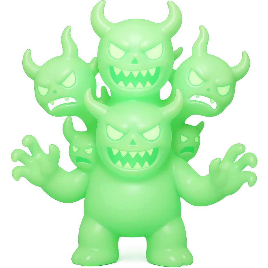 terrifying monster with multiple heads, twisted horns, clawed hands, eerie green glow, vinyl figure style emoji