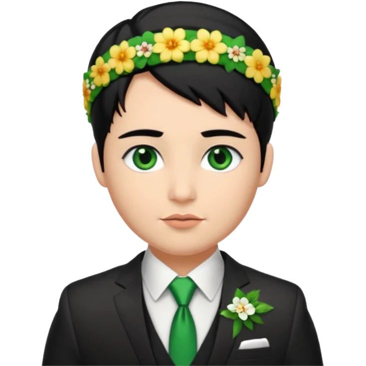 black haired green eyes very plump lips and floral headband that makes his hair look behind nicole peltz at wedding emoji