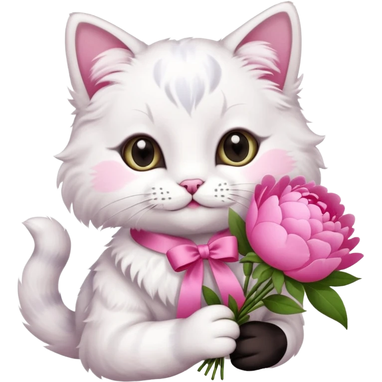 Can you make a cute cat handing out peonies bouquet with a coquette on the boquette emoji