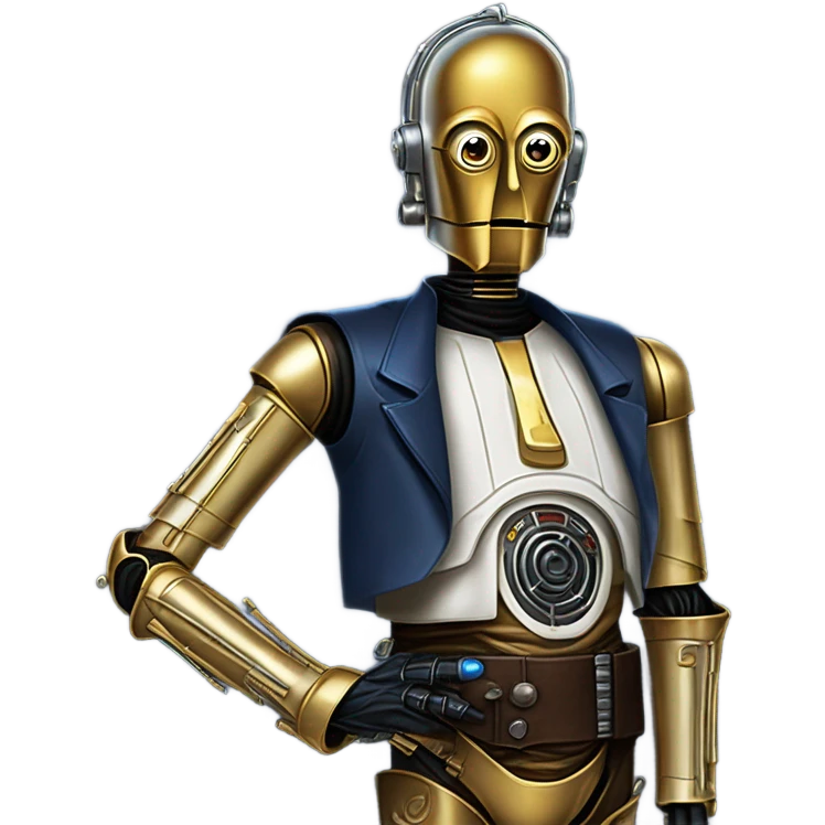 tarnished undercover tough well-equipped Jedi  life-sized darkblue-pearl C3po as a friendly droid wearing a leather clothing old west duster coat holding light saber  emoji