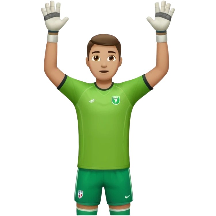 goalkeeper, standing, wearing a green shirt, shorts, socks and football trainers, with arms raised emoji