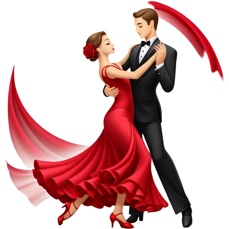 humanless Icon for Ballroom Dancing: a pair of ballroom dance shoes, a rose, a dance floor, a flowing, voluminous ballroom dress in motion, and a shining spotlight. The icon should represent the elegance and atmosphere of ballroom dancing, focusing on the attire and setting. Transparent background. emoji