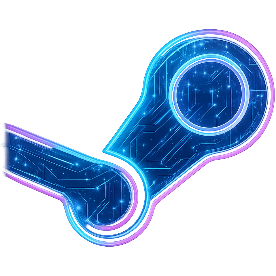 Transform the Steam icon into a cyberpunk, holographic style with glowing neon blue and pink edges, circuit patterns throughout, and a transparent background. Retain the recognizable Steam logo, but overlay neon and circuit effects in the same futuristic, clean style as the previous cyberpunk folder and file explorer icons. No circle or base, just the icon itself. emoji