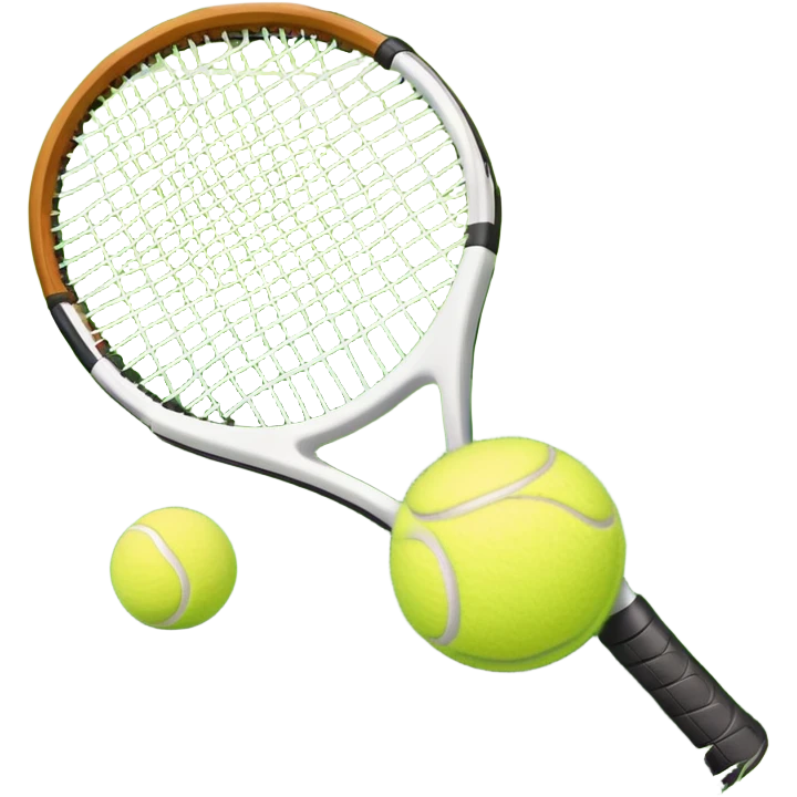 A tennis racket and a ball placed on a grassy court, with the net visible in the background. The scene captures the elegance and energy of the sport, with a vibrant green court and soft sunlight highlighting the equipment. emoji