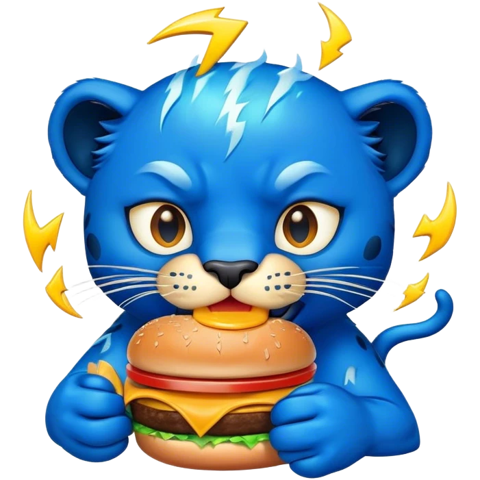 A burger with blue glue with a panther that is blue with lightning coming out of his eyes eating the burger emoji