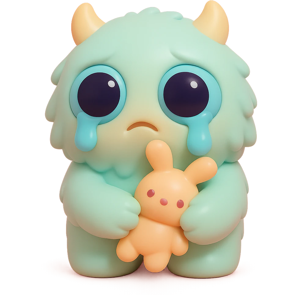fluffy monster with oversized eyes, tears falling, comforting itself with a plush toy, gentle colors, vinyl figure style emoji