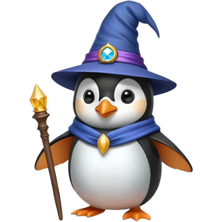 A penguin dressed as a wizard, wearing a pointed hat and holding a magic wand emoji