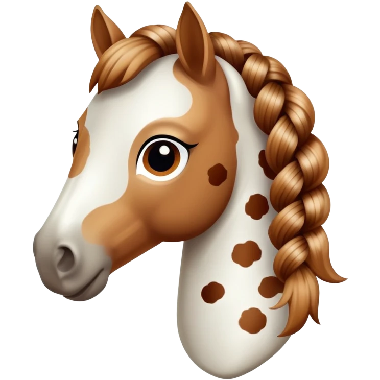 A spotted toy horse with braided mane and friendly expression emoji