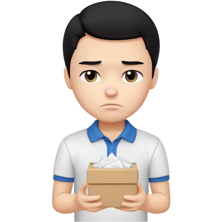 generate a pretty bratz boy with black hair, wearing a plain white polo shirt. Looking sad, holding a box of tissues in his right hand emoji
