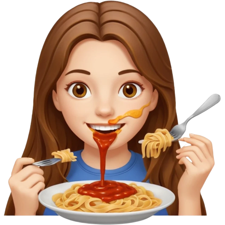 smiling white long brunette hair girl with hazel eyes eating pasta emoji