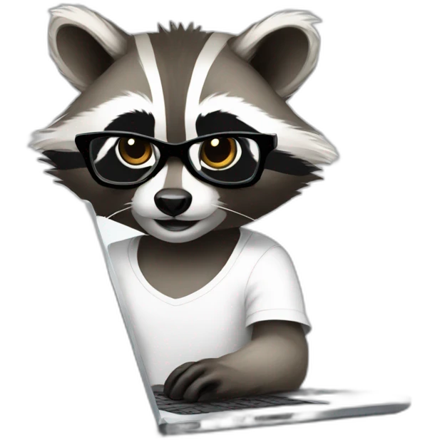 racoon wearing glasses and white tee working on a black laptop emoji