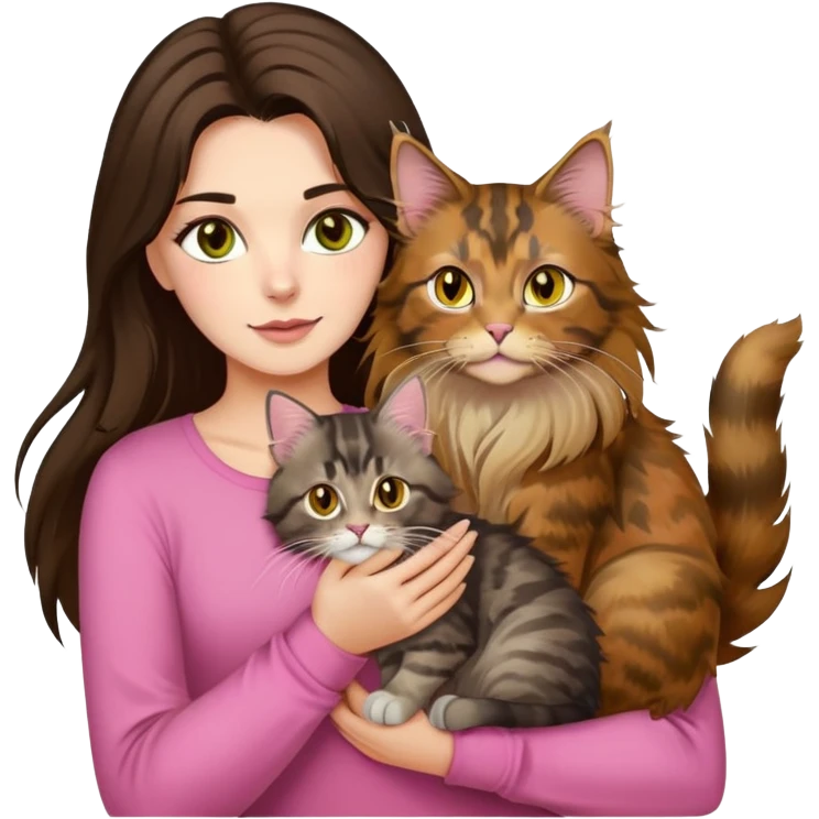 Brunette with brown eyes and long eyelashes, dressed in a pink long sleeve, holds in her hands a Maine Coon cat of tortoiseshell color, a cat with yellow eyes, in her other hand she holds a silver Maine Coon cat with yellow-green eyes.  emoji