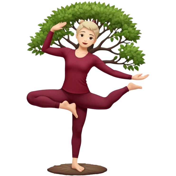 A serene young practicing the Tree Pose (Vrksasana), embodying stability with two feet on ground and with dark wine red clothes emoji