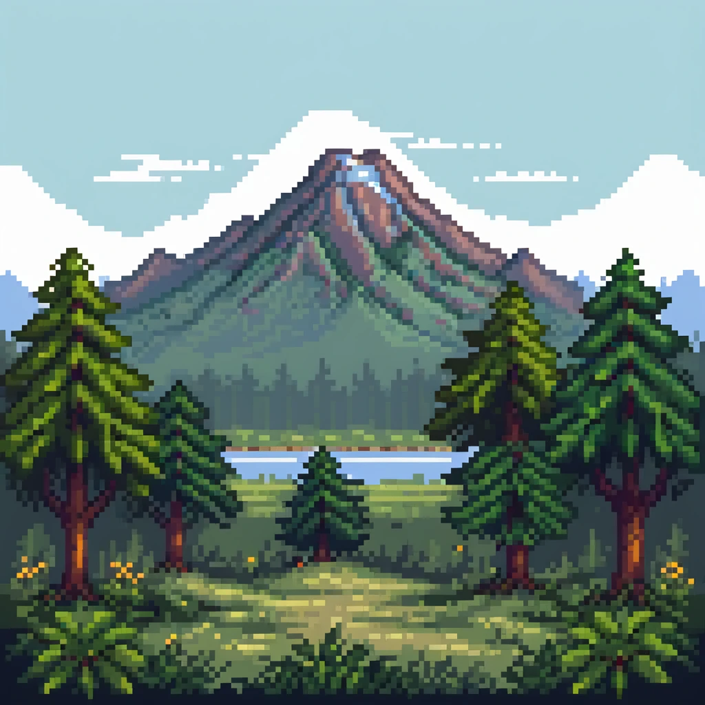 2D forest background with parallax layers, trees, bushes and a distant mountain emoji
