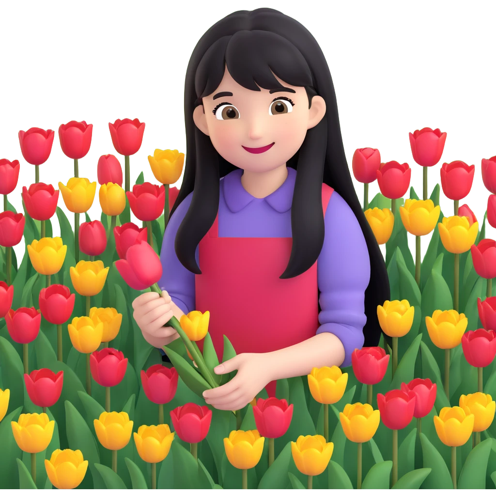 girl with long black hair and thin bangs, smiling while picking tulips in a garden emoji
