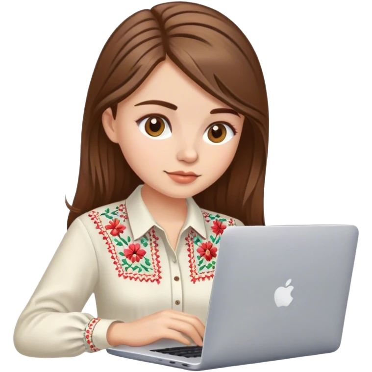 A Ukrainian girl with brown hair in an embroidered shirt works at her laptop emoji