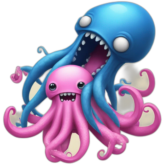 a blue kraken fighting  with another pink kraken emoji