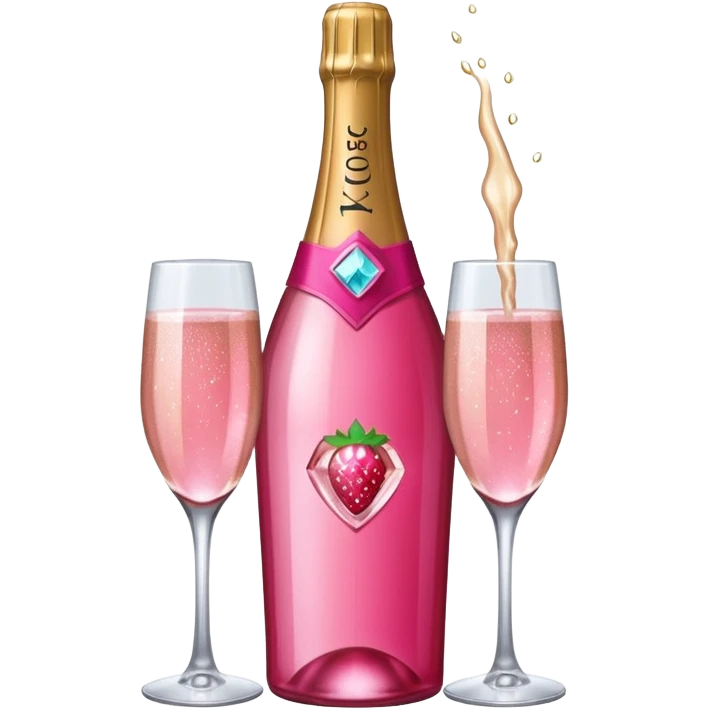 Realistic sparkling diamond glam hot pink champagne bottle with hot pink champagne in glass with strawberry ì> emoji