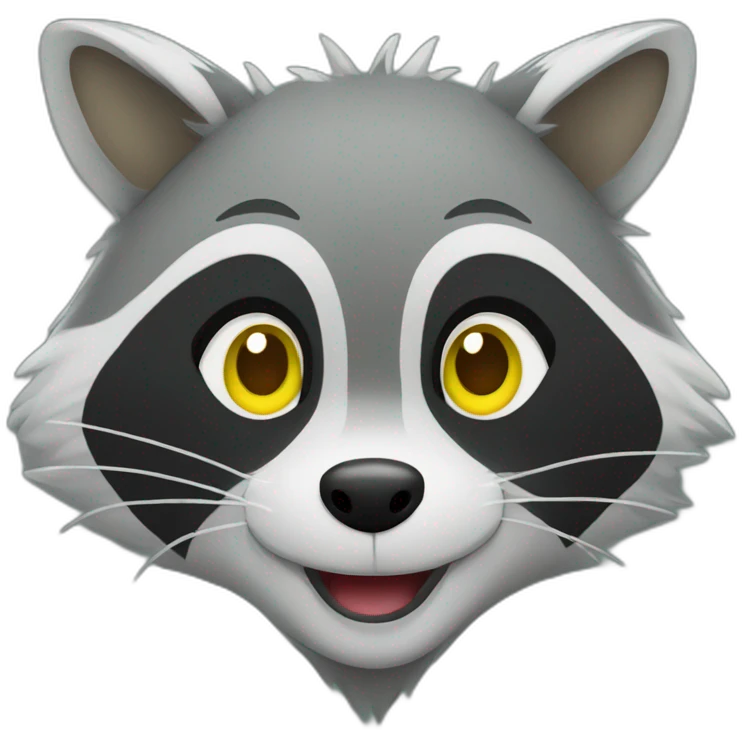 gray raccoon with yellow eyes and a green hood that smiles emoji