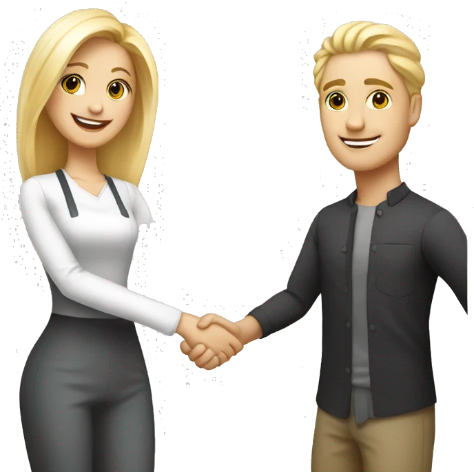 adult restaurant owner with white skin and blogger with white skin and blonde hair shaking hands in full height emoji